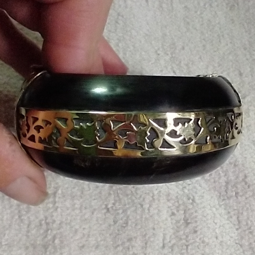 Large black brass decorative hinged pin 📍 bangle bracelet tribal ethnic vintage